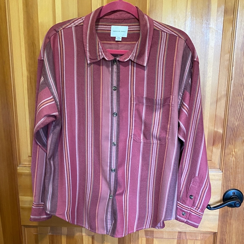 American Eagle Super Soft Burgundy Striped Button Down Shirt